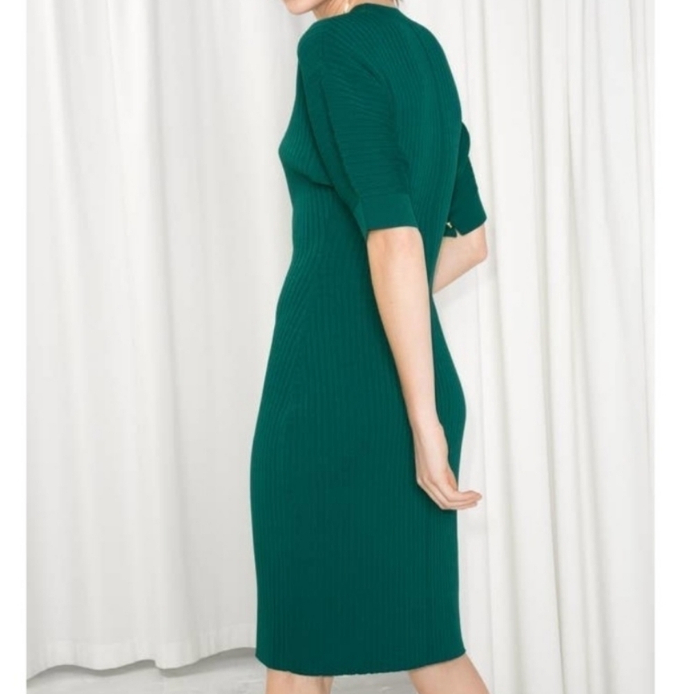 & Other Stories Green Fitted Rib Knit Midi Dress Puff Short Sleeve Medium - Picture 3 of 8